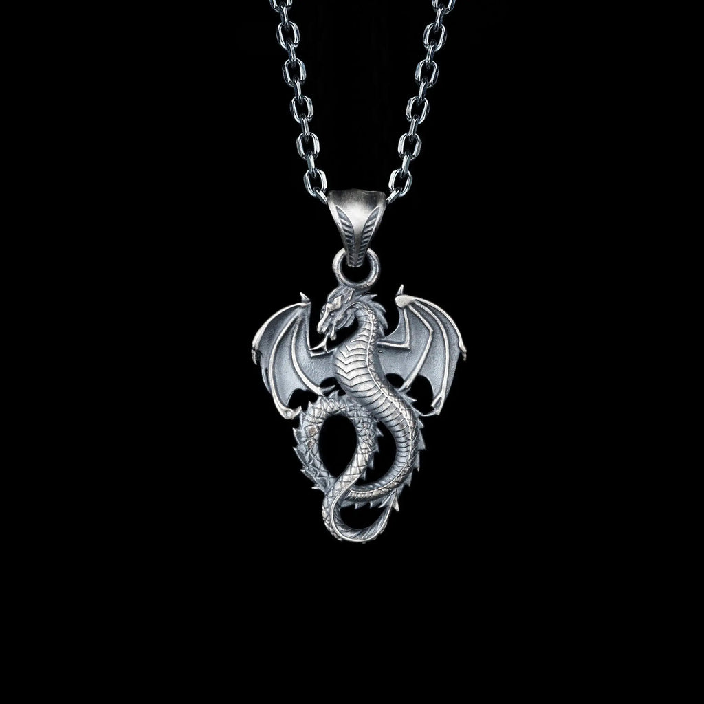 Sterling Silver Winged Dragon Necklace - Mens Pendant Jewelry   Charmora Jewelry