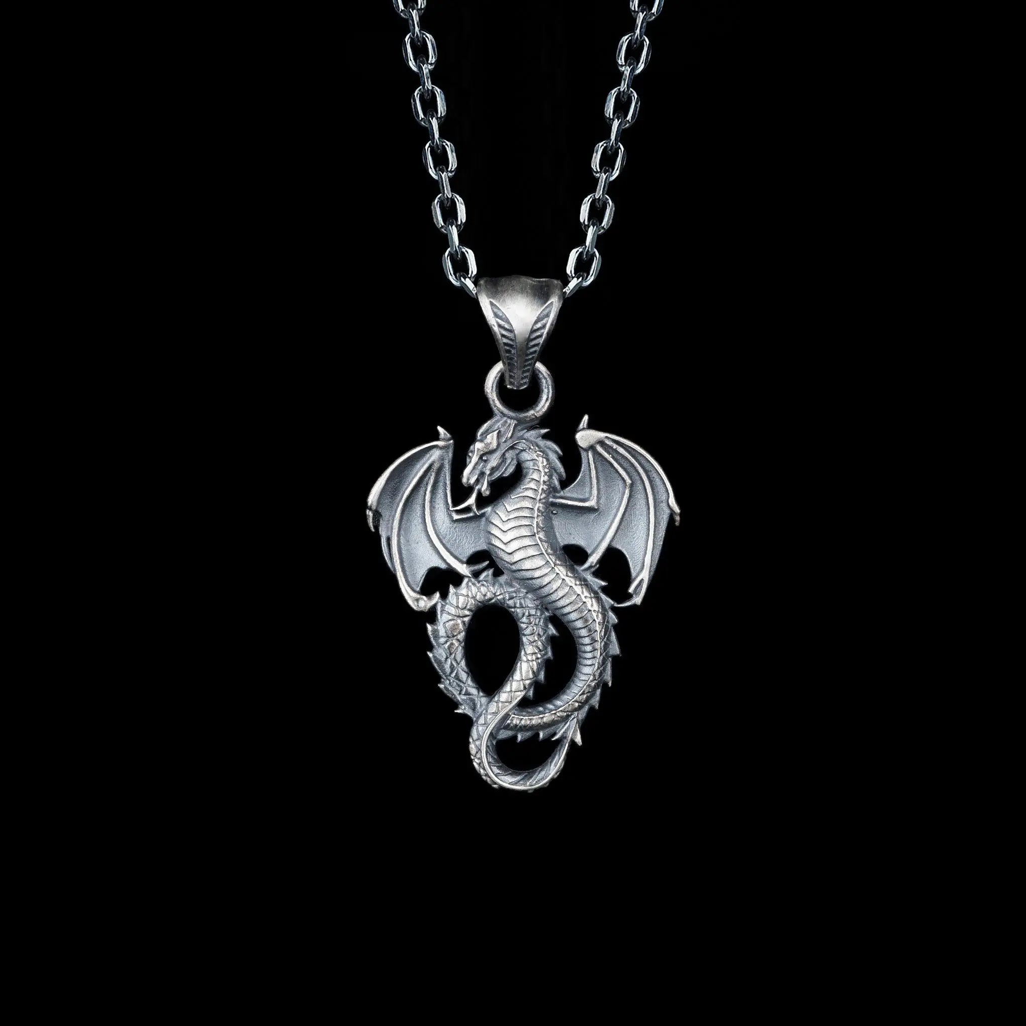 Sterling Silver Winged Dragon Necklace - Mens Pendant Jewelry   Charmora Jewelry