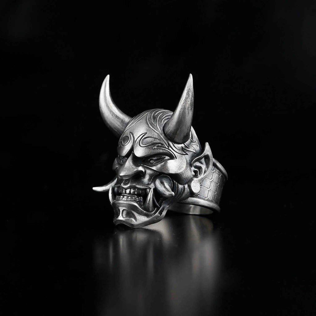 Sterling Silver Japanese Oni Mask Ring: Samurai Jewelry Gift