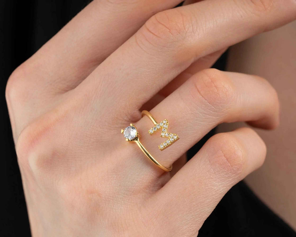Sterling Silver Stone Initial Ring: Personalized Letter Ring