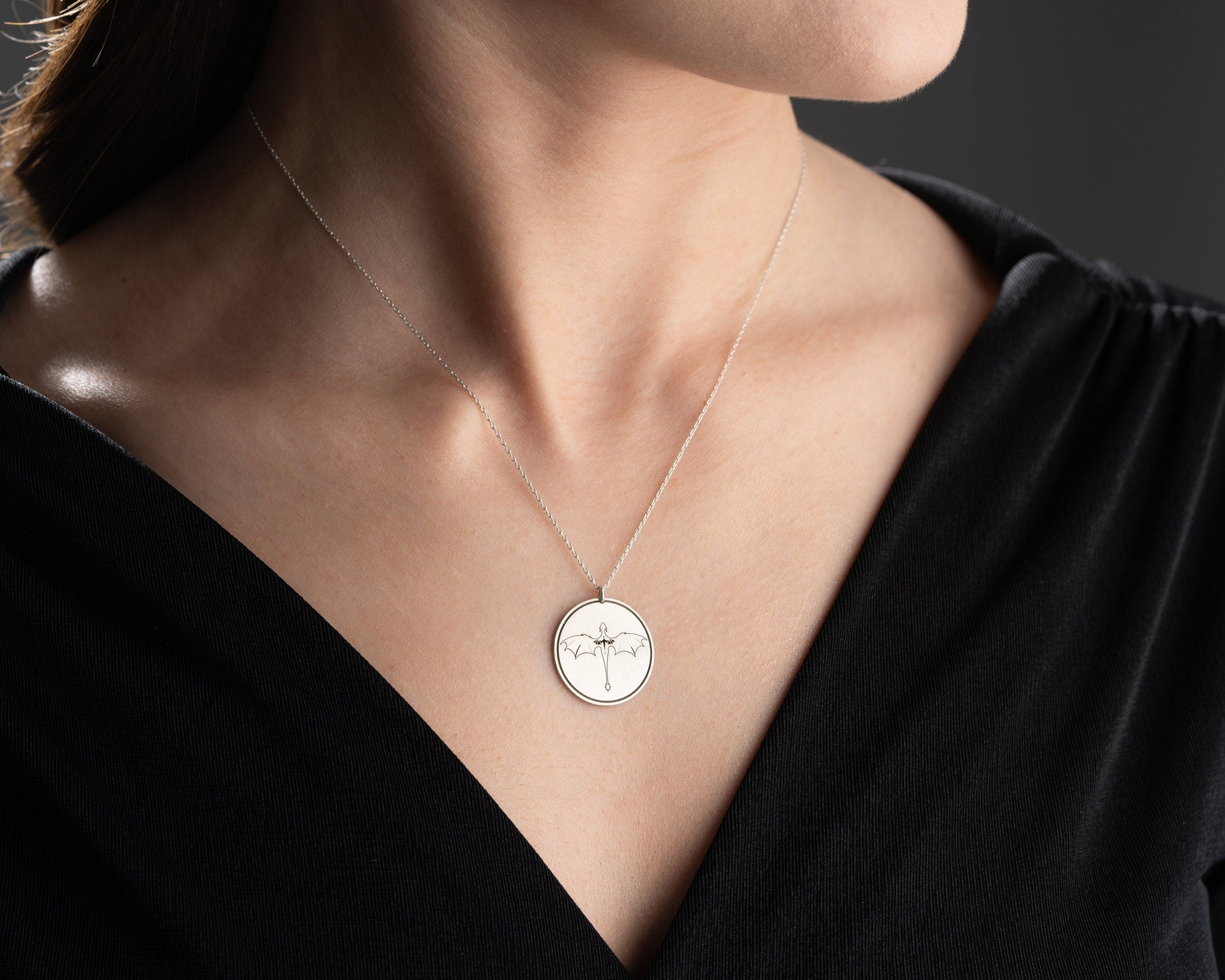 Sterling Silver Dragon Coin Necklace: Night Court Pendant, Rose Gold Finish