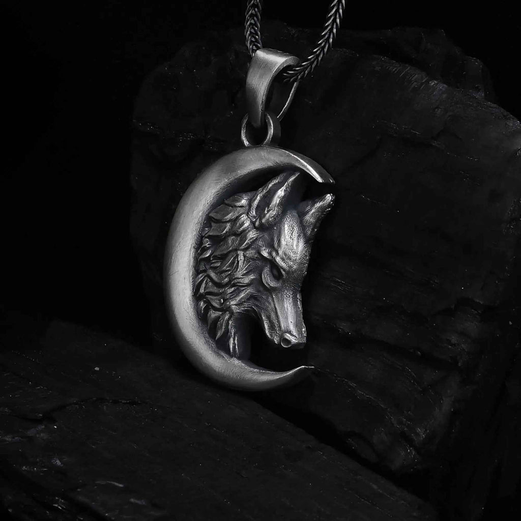 Sterling Silver Wolf Moon Pendant: Engraved Crescent Necklace