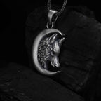 Sterling Silver Wolf Moon Pendant: Engraved Crescent Necklace