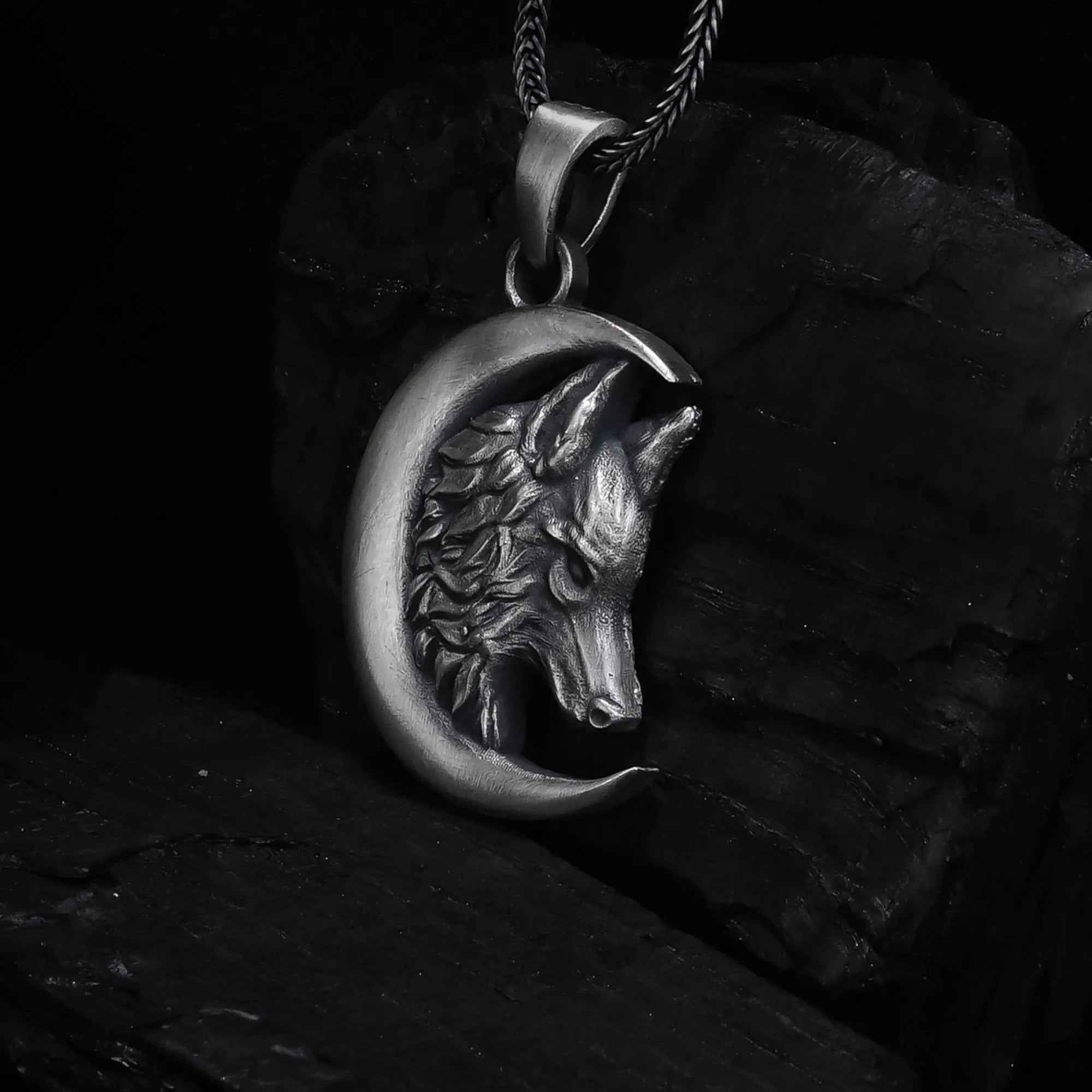 Sterling Silver Wolf Moon Pendant: Engraved Crescent Necklace