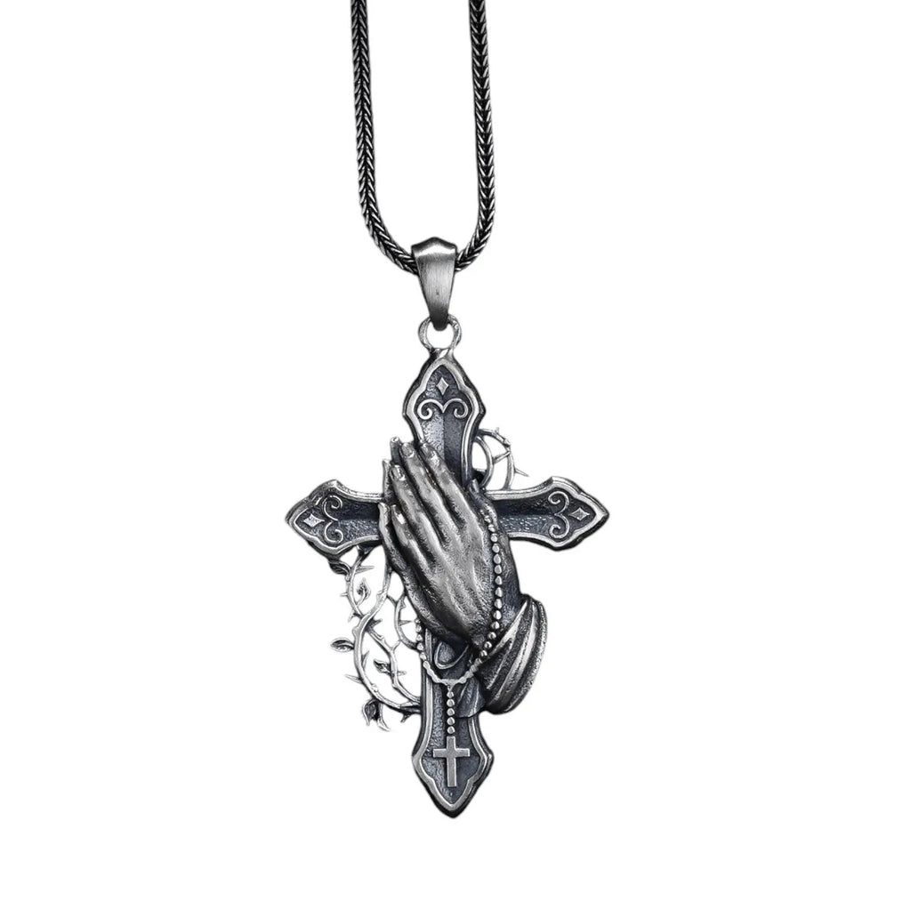 Sterling Silver Praying Hands Cross Necklace, Religious Pendant   Charmora Jewelry