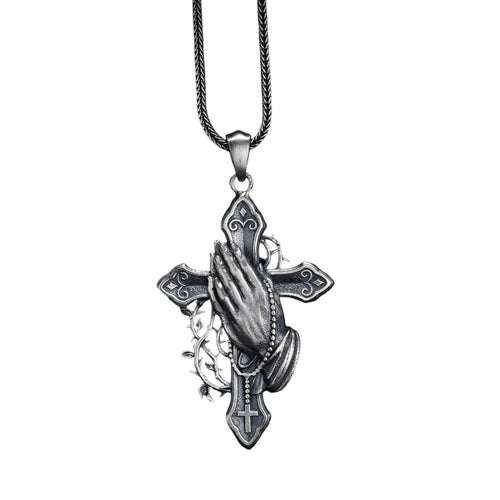 Sterling Silver Praying Hands Cross Necklace, Religious Pendant   Charmora Jewelry