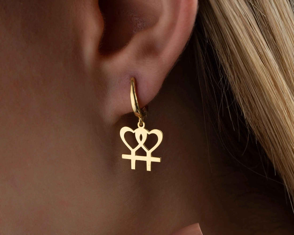 Solid Gold Lesbian Pride Heart Earrings: Venus Symbol Jewelry