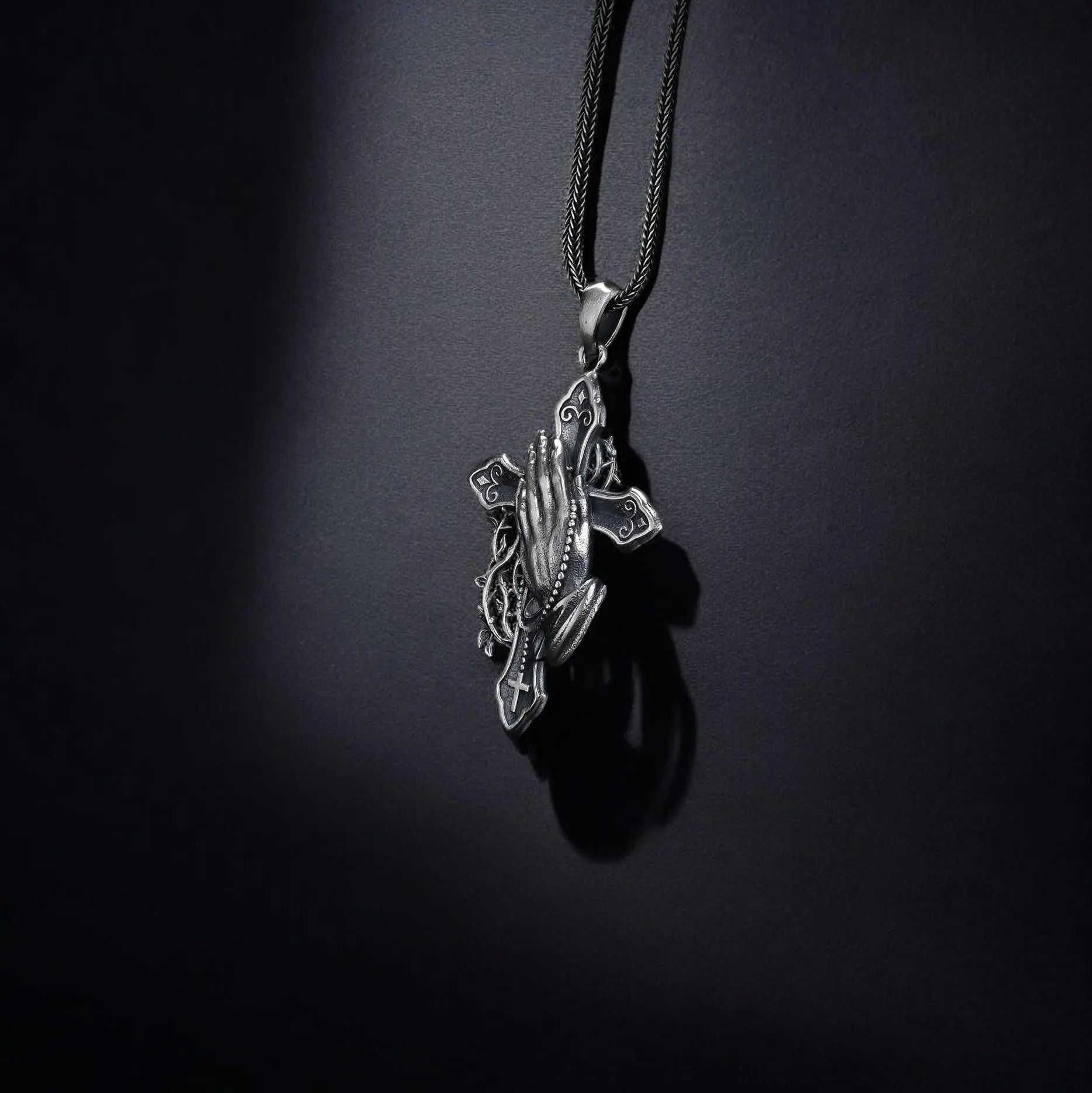 Sterling Silver Praying Hands Cross Necklace, Religious Pendant   Charmora Jewelry