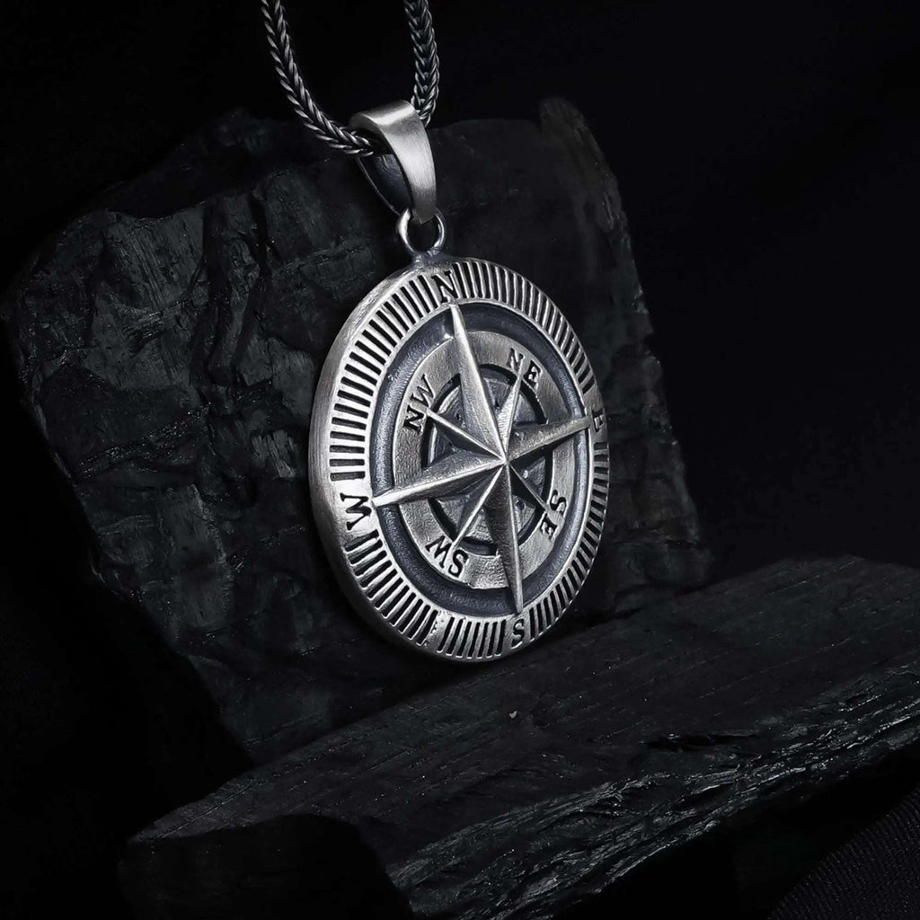 Sterling Silver Compass Necklace, Travel Jewelry Gift for Him   Charmora Jewelry