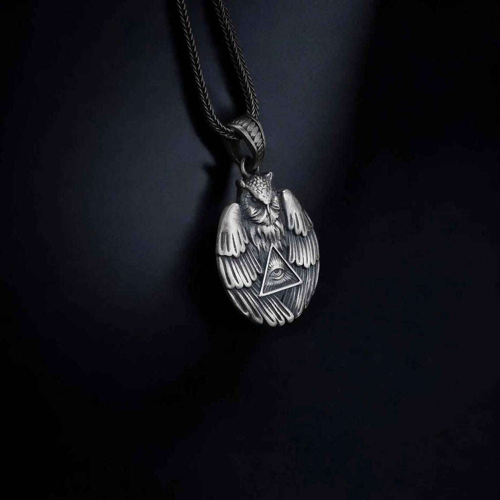 Sterling Silver Owl Pendant Necklace: All-Seeing Eye Illuminati Symbol