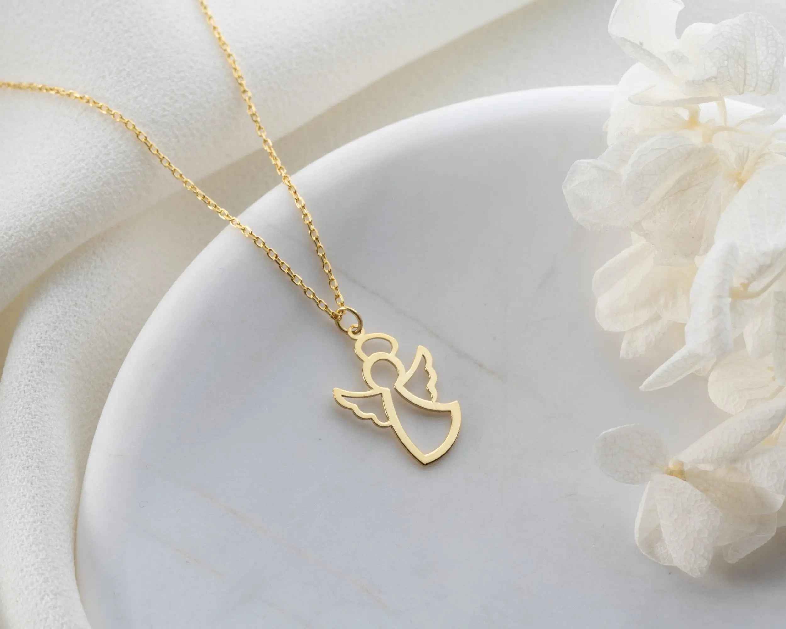 Solid Gold Angel Wing Necklace: 10K-18K Gold Pendant
