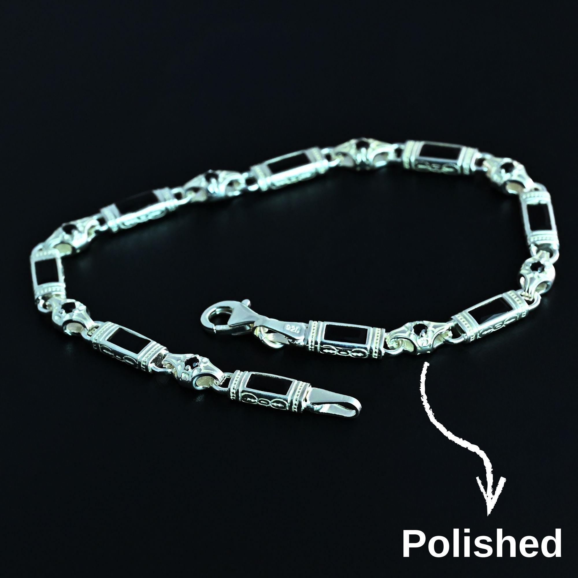 Black Zircon Baguette Stone Bracelet – Handmade Sterling Silver Chain