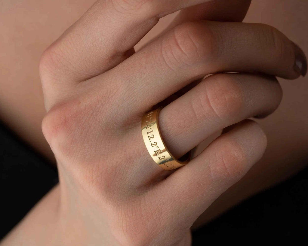 Solid Gold Coordinates Ring: Custom Engraved Anniversary Jewelry