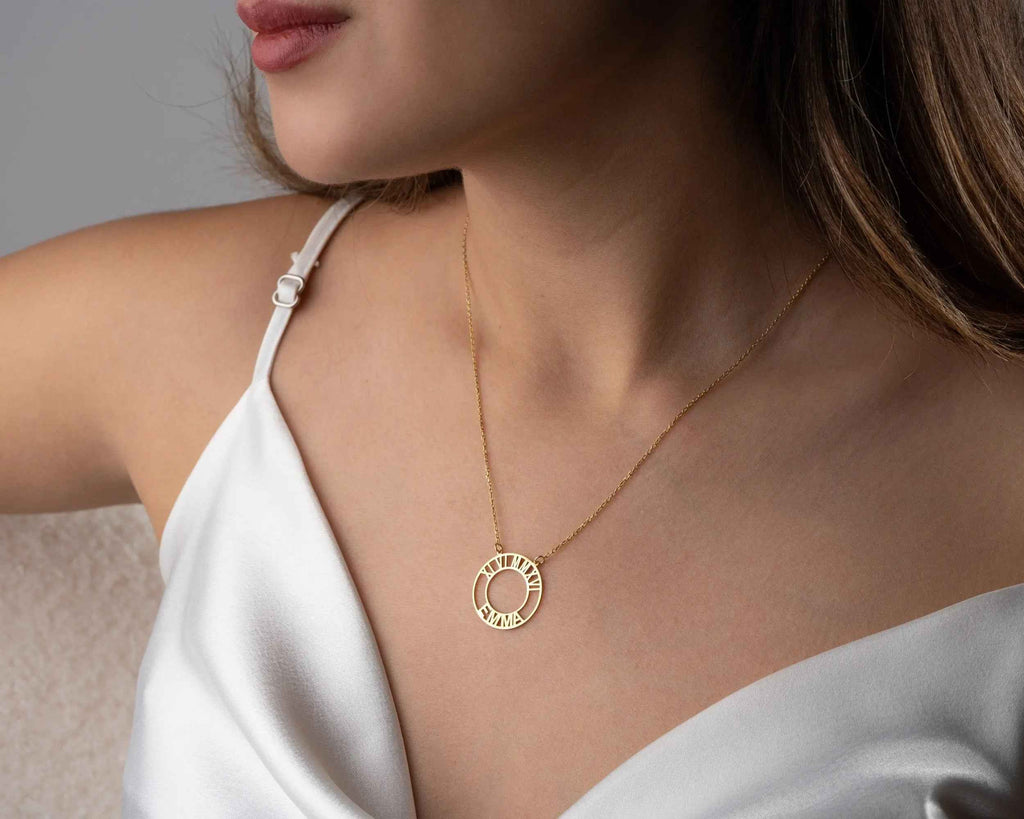 Gold Roman Numeral Necklace: Custom Birthdate Name Pendant