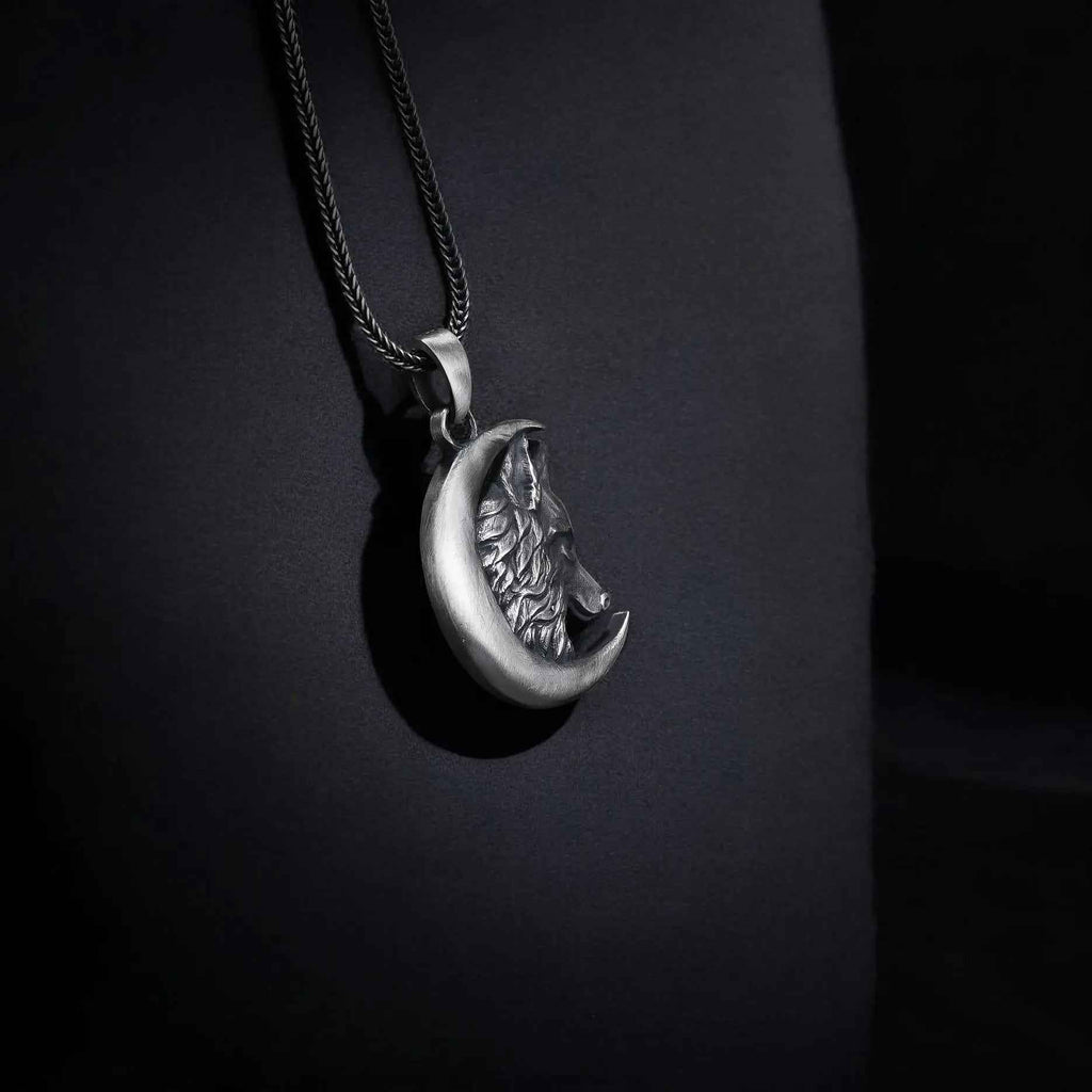 Sterling Silver Wolf Moon Pendant: Engraved Crescent Necklace