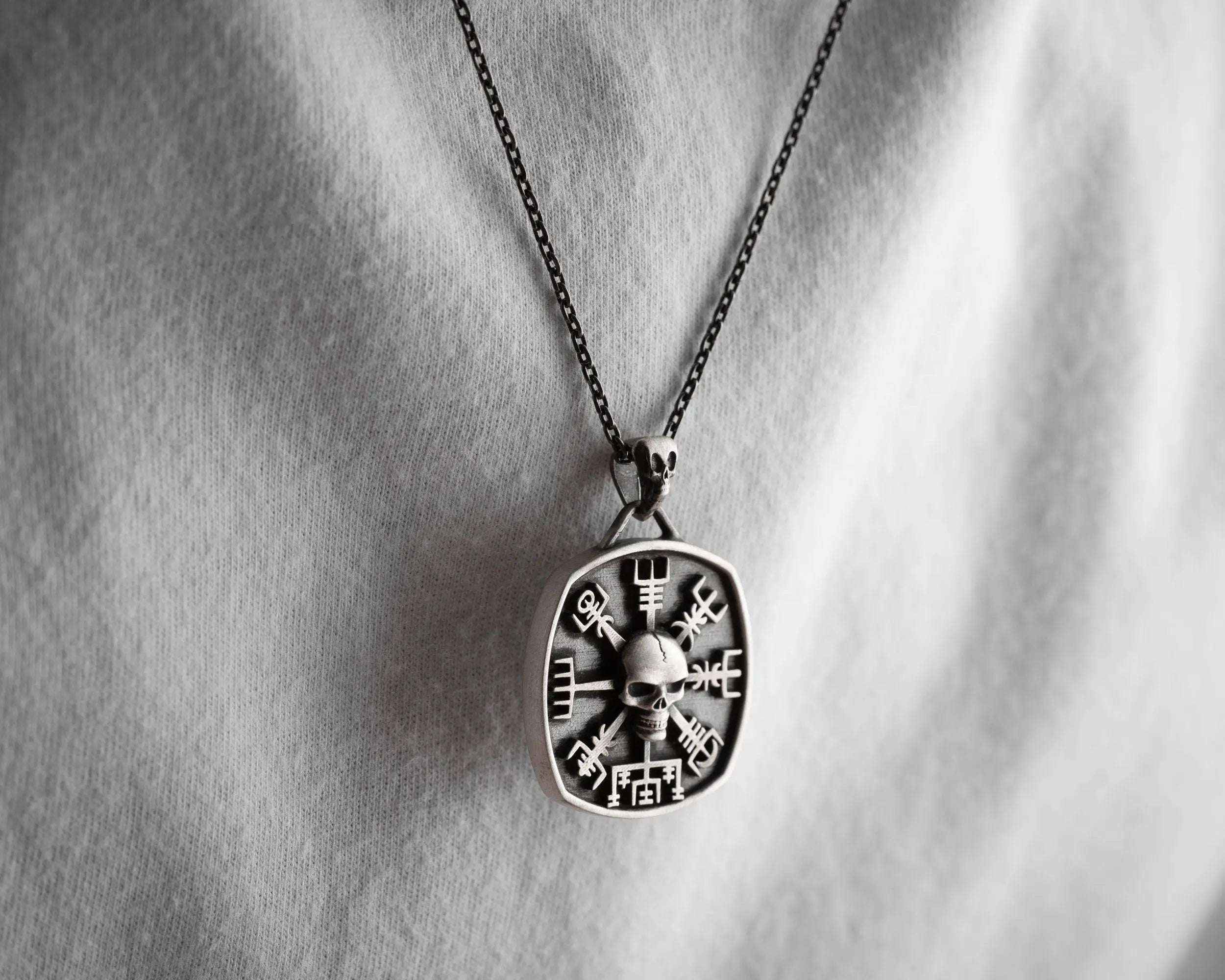 Sterling Silver Viking Vegvisir Skull Necklace: Norse Jewelry
