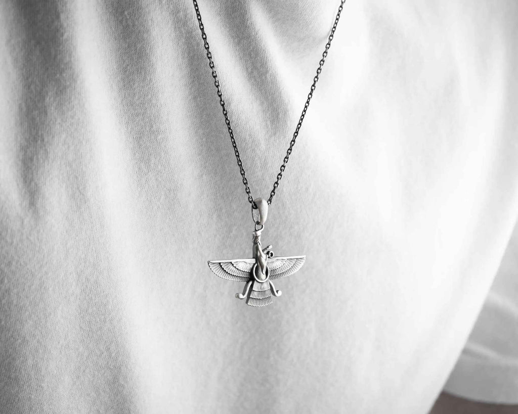 Sterling Silver Ahura Mazda Necklace: Zoroastrian Faravahar Pendant
