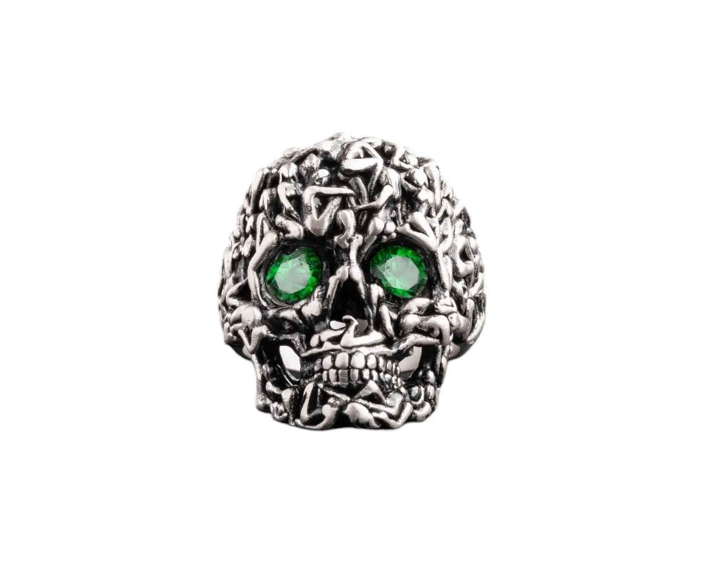 Green Zircon Skull Ring: Gothic Sterling Silver Men's Jewelry