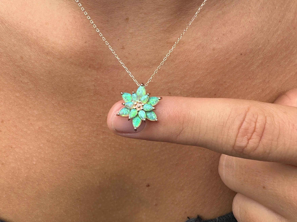 Sterling Silver Lotus Necklace: Green Australian Opal, Handmade