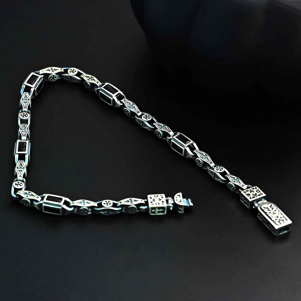 Sterling Silver Men's Bracelet: Black Zircon Vintage Link Design