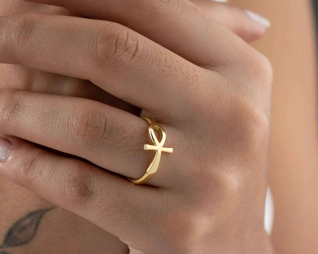 Solid Gold Ankh Ring: Egyptian Cross Jewelry, Handcrafted Gift