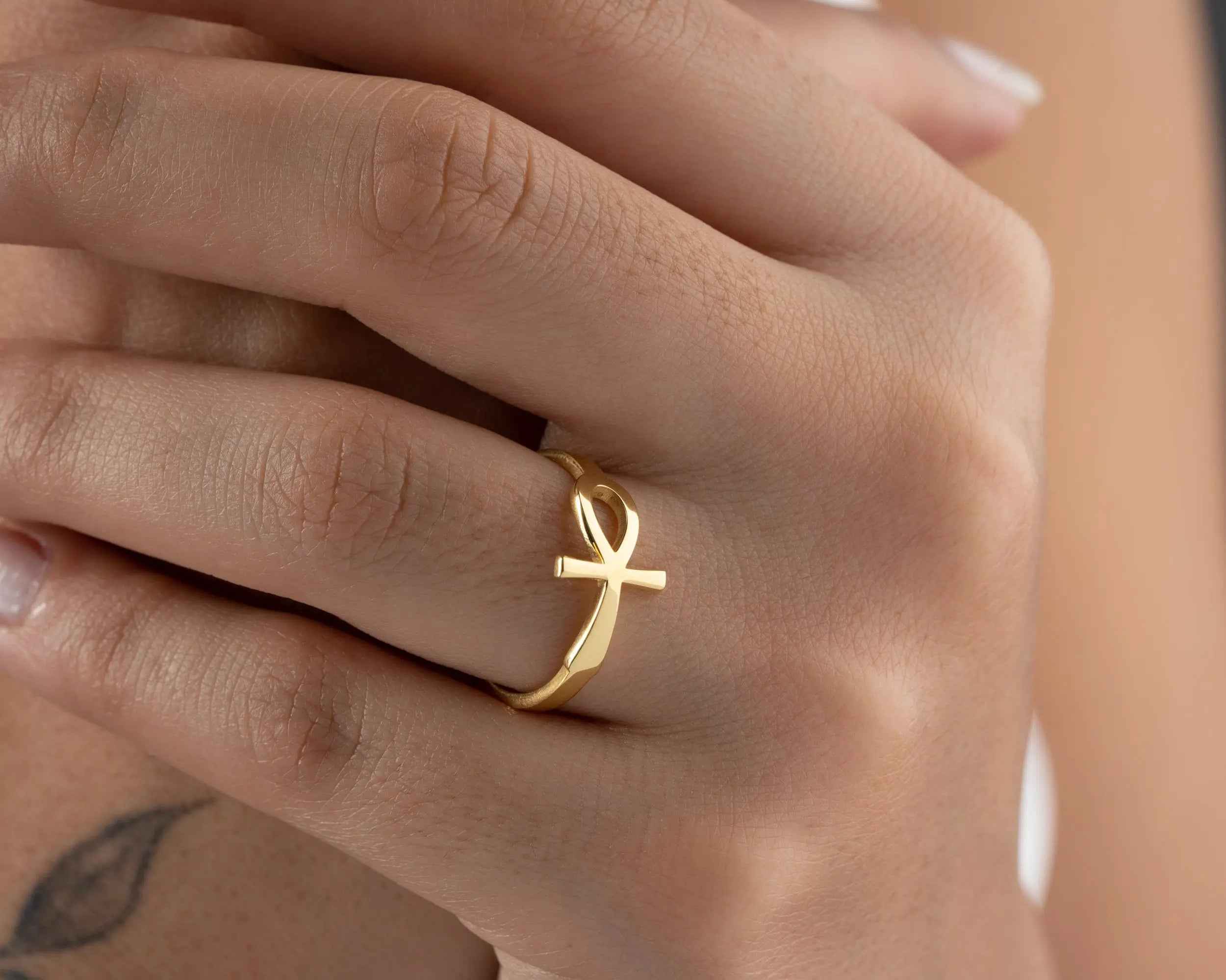 Solid Gold Ankh Ring: Egyptian Cross Jewelry, Handcrafted Gift