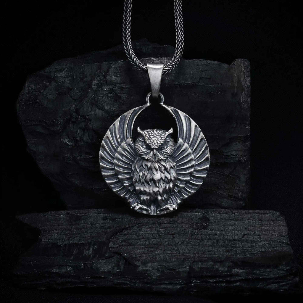 Sterling Silver Owl Pendant Necklace: Open Wings, Night Bird Jewelry