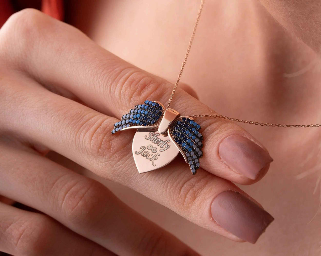 Engraved Angel Wing Heart Necklace: Sterling Silver Personalized Pendant