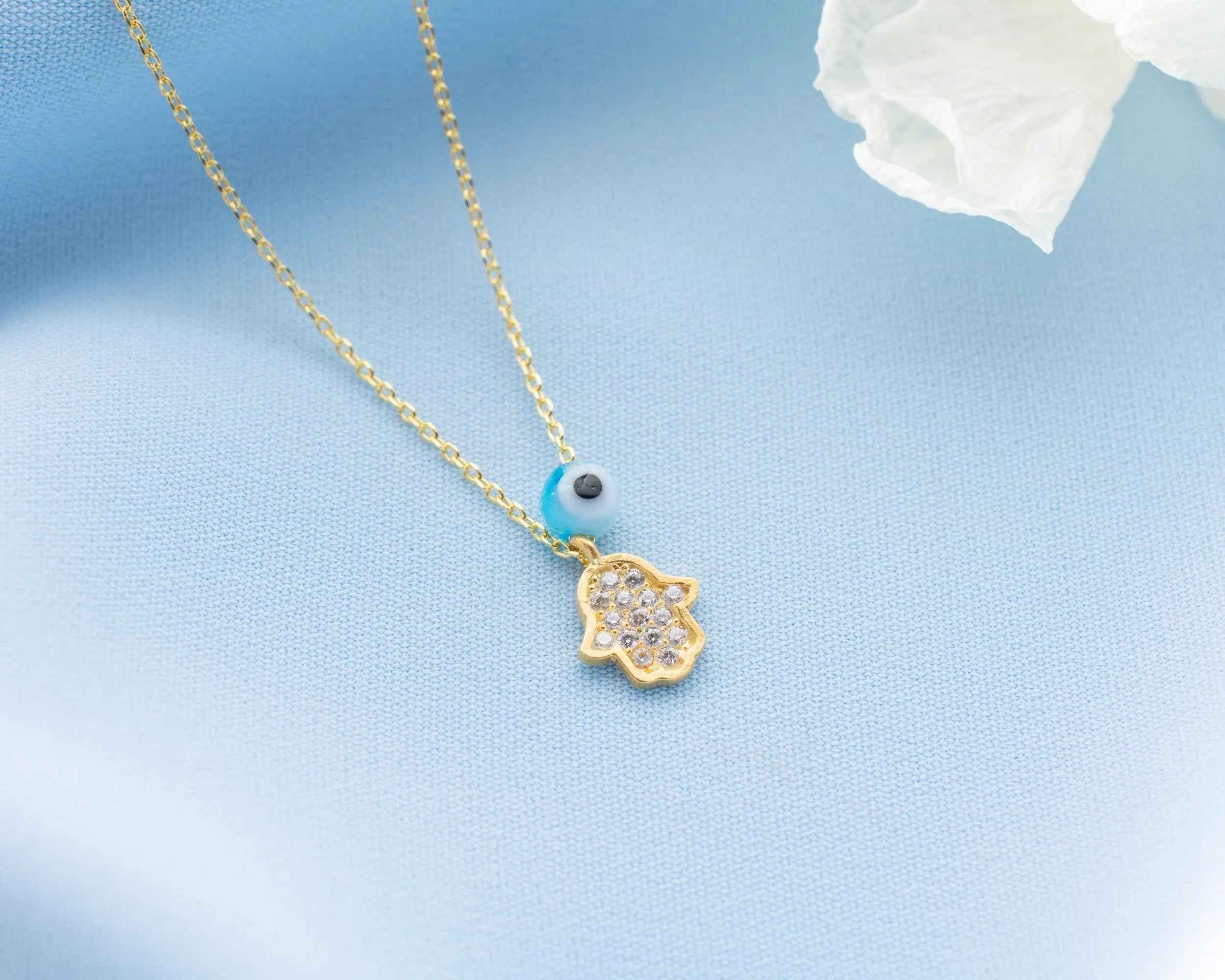 Gold Hamsa Necklace: Sterling Silver Fatima Hand Pendant