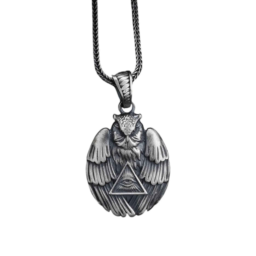 Sterling Silver Owl Pendant Necklace: All-Seeing Eye Illuminati Symbol