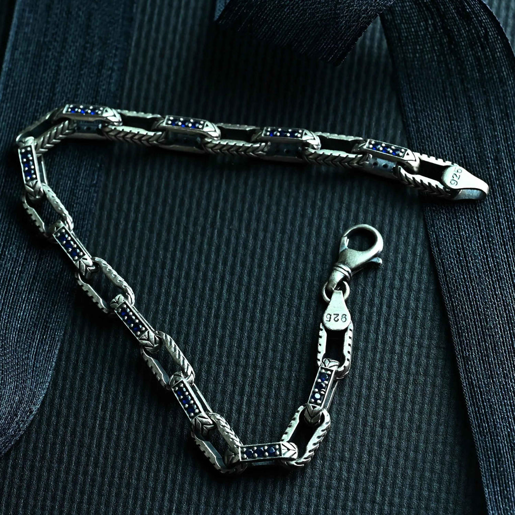 925 Sterling Silver Men’s Bracelet with Blue Stones, Handmade Chain Bracelet, Bold Masculine Jewelry