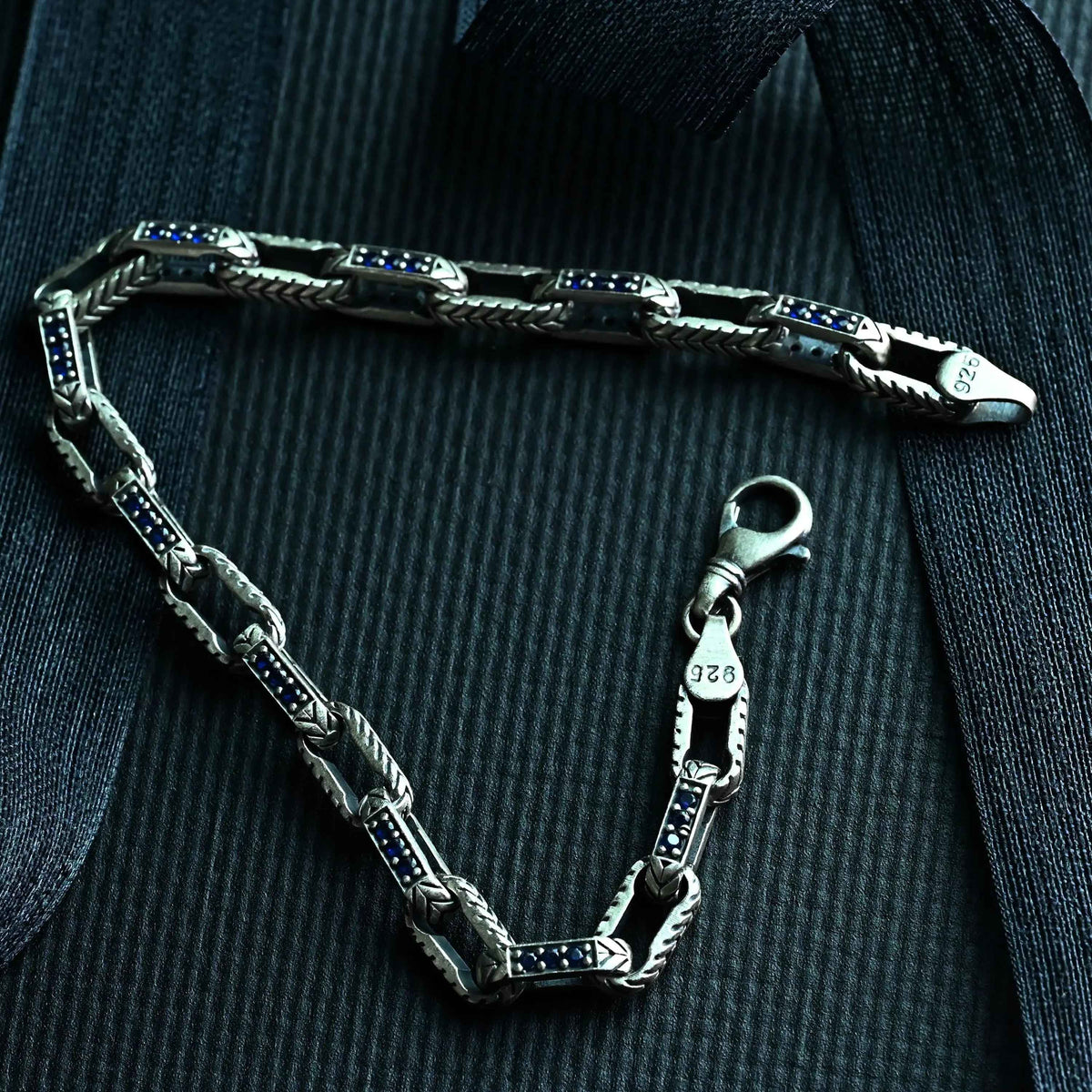 925 Sterling Silver Men’s Bracelet with Blue Stones, Handmade Chain Bracelet, Bold Masculine Jewelry