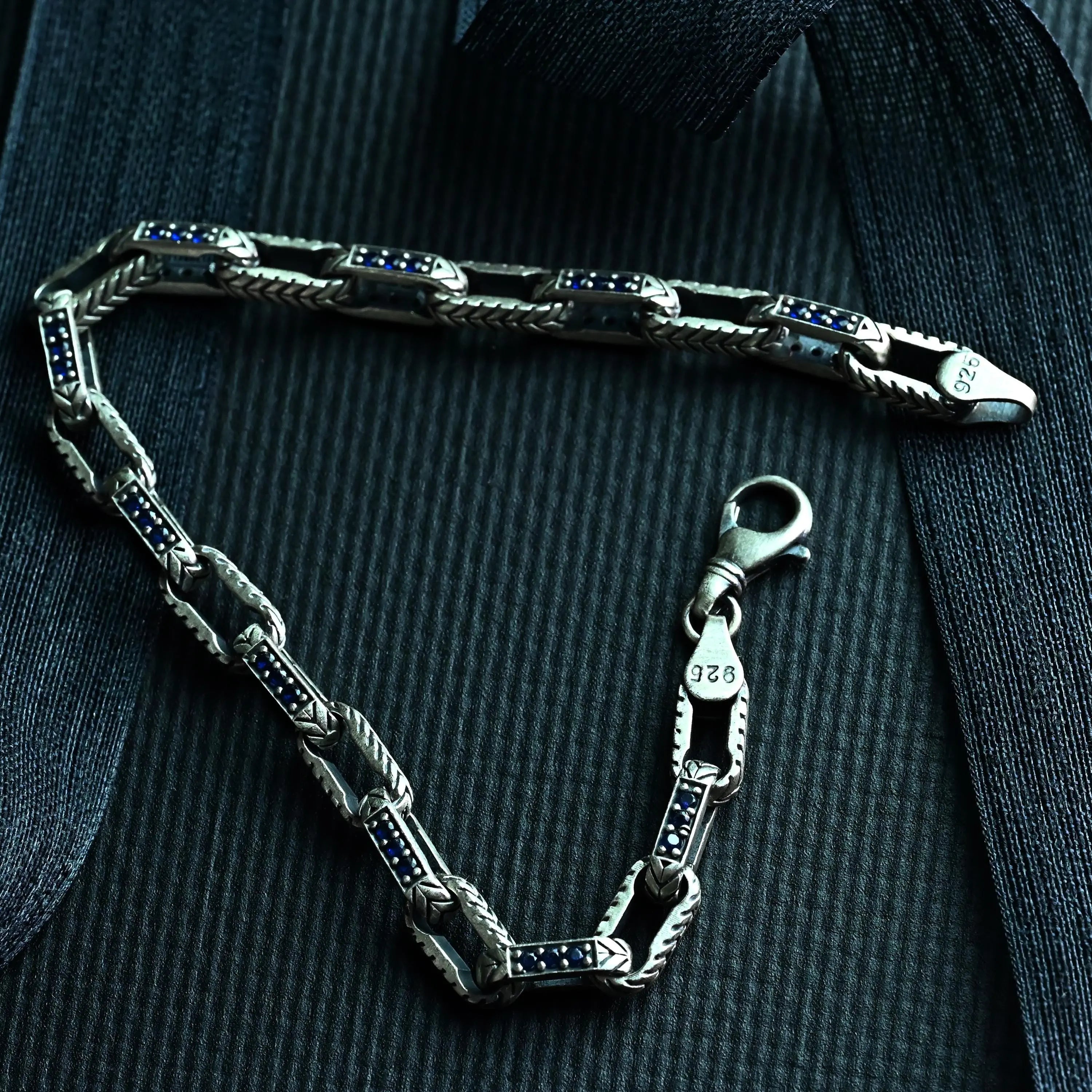 Bracelet pour homme en argent sterling 925 avec pierres bleues, bracelet à chaîne fait main, bijoux masculins audacieux