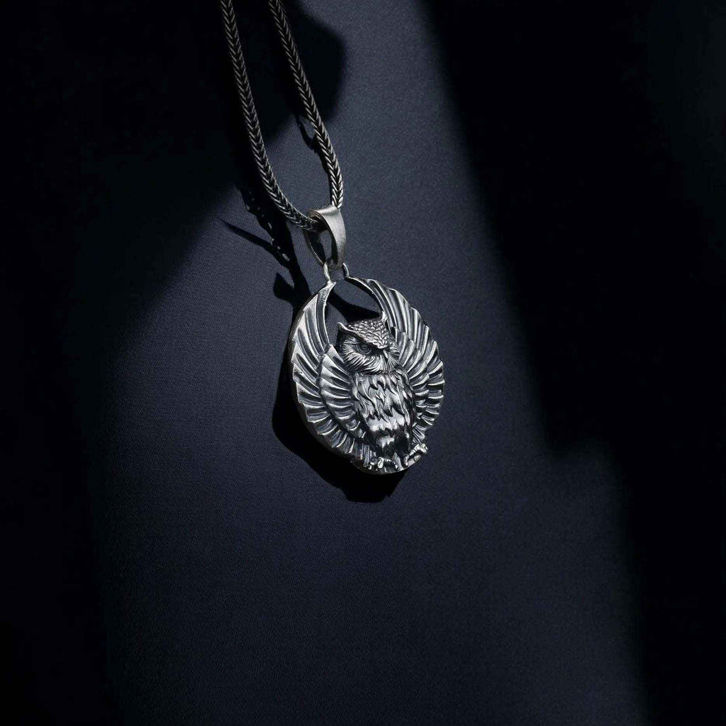 Sterling Silver Owl Pendant Necklace: Open Wings, Night Bird Jewelry