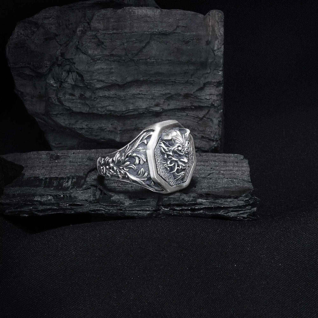 Sterling Silver Oni Mask Ring: Japanese Samurai Biker Jewelry