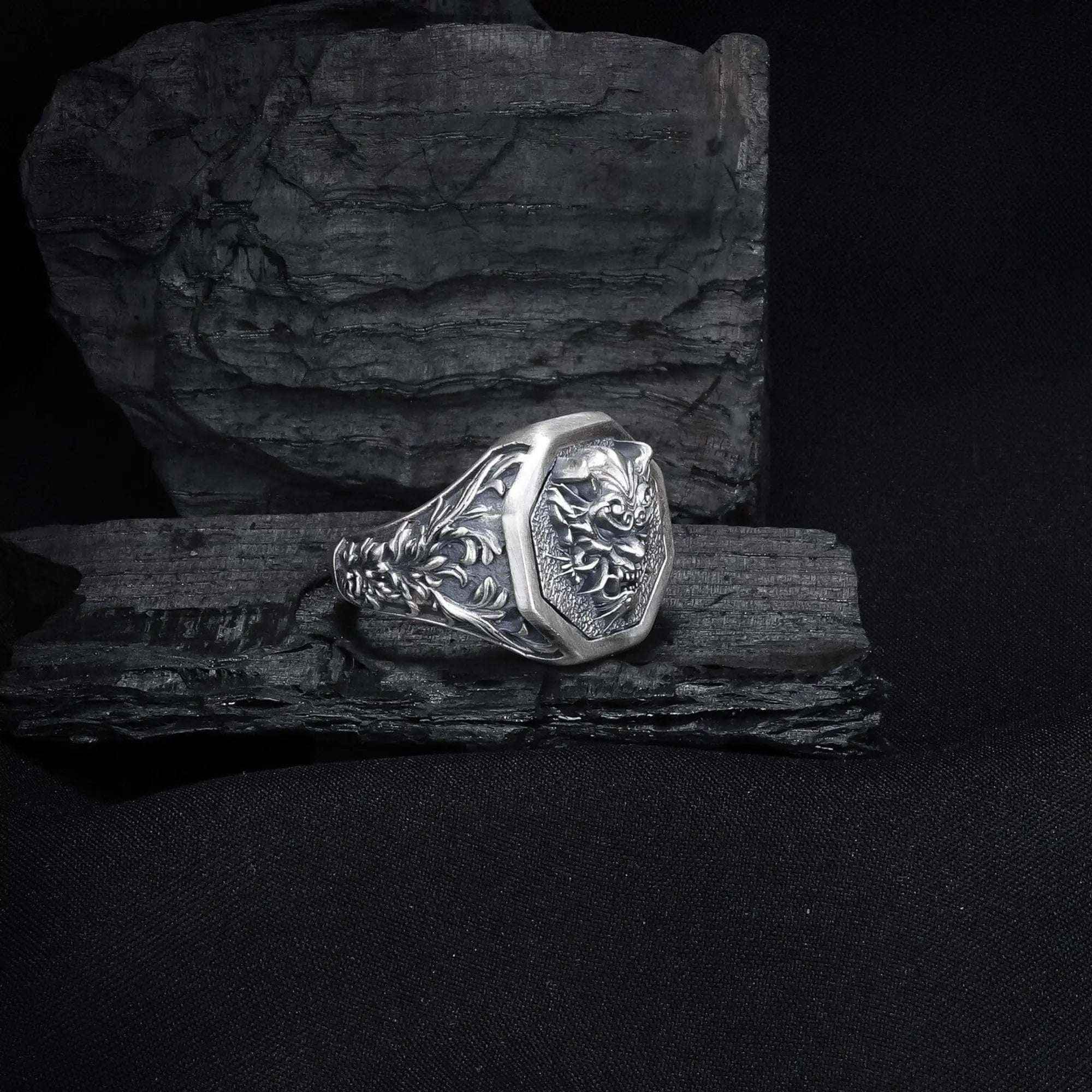 Sterling Silver Oni Mask Ring: Japanese Samurai Biker Jewelry