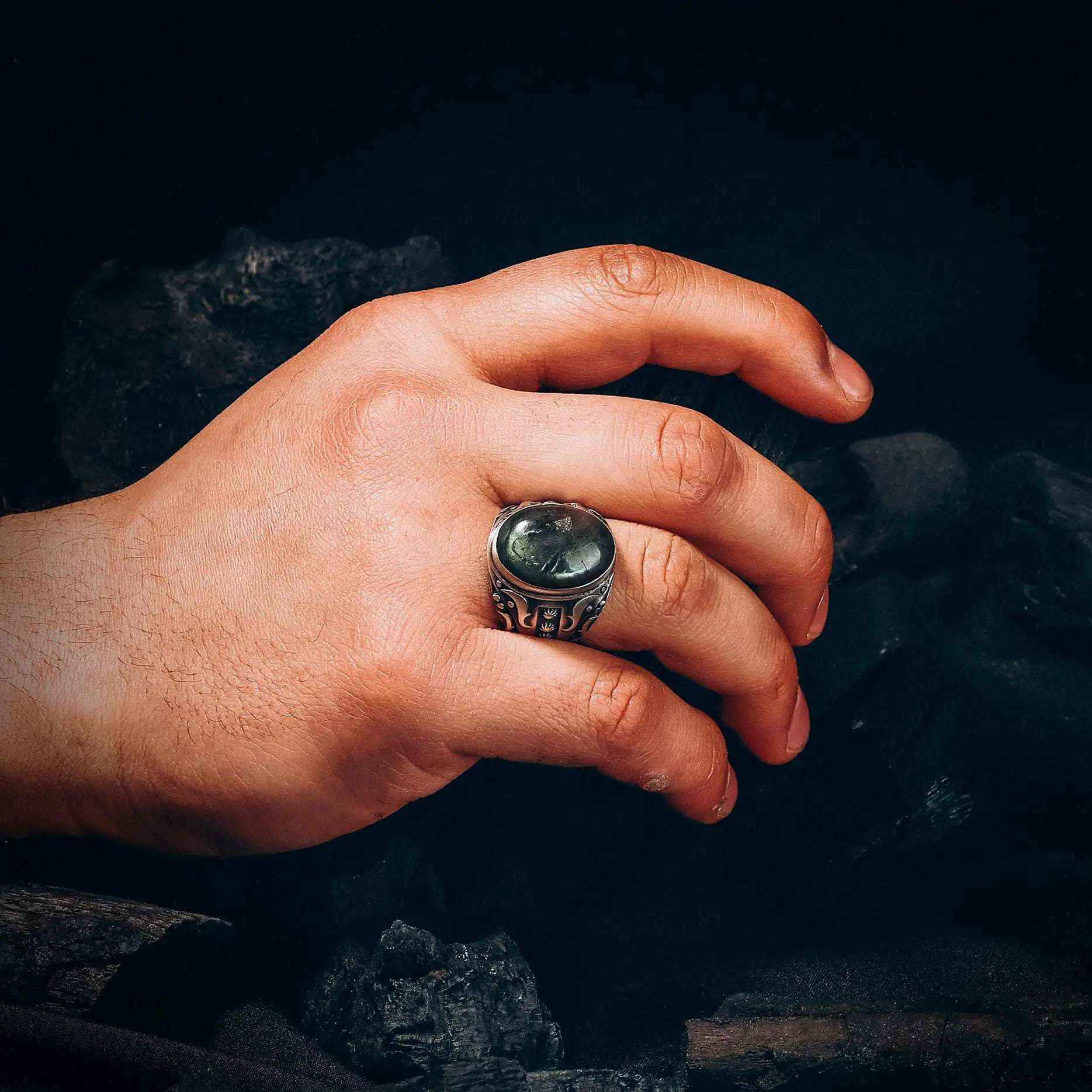 Large Labradorite Sterling Silver Ring - Handmade Mens Gemstone Ring