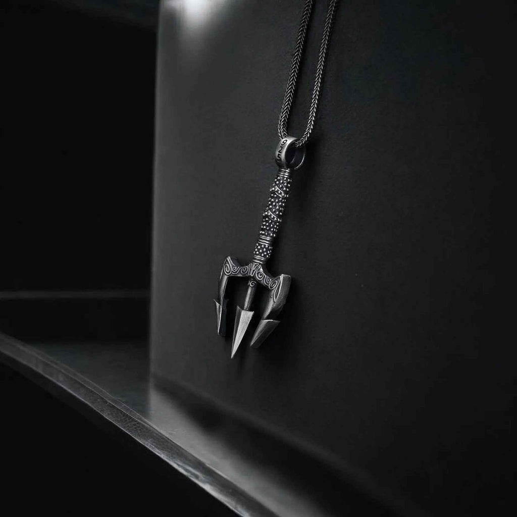 Oxidized Sterling Silver Trident Necklace: Poseidon Spear Pendant
