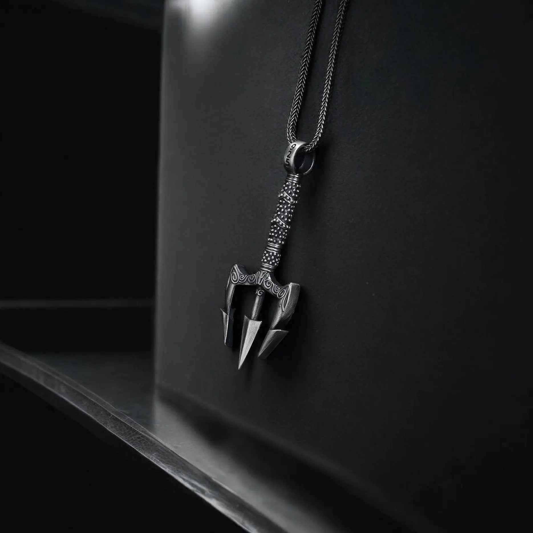 Oxidized Sterling Silver Trident Necklace: Poseidon Spear Pendant