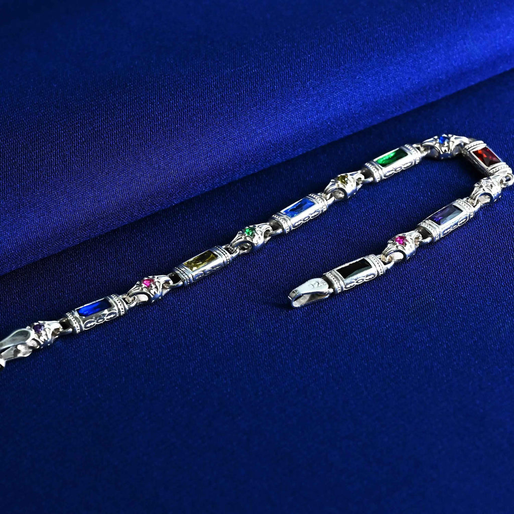 Multicolor Baguette Stone Sterling Silver Bracelet – Men’s Statement Jewelry, Gift for Him