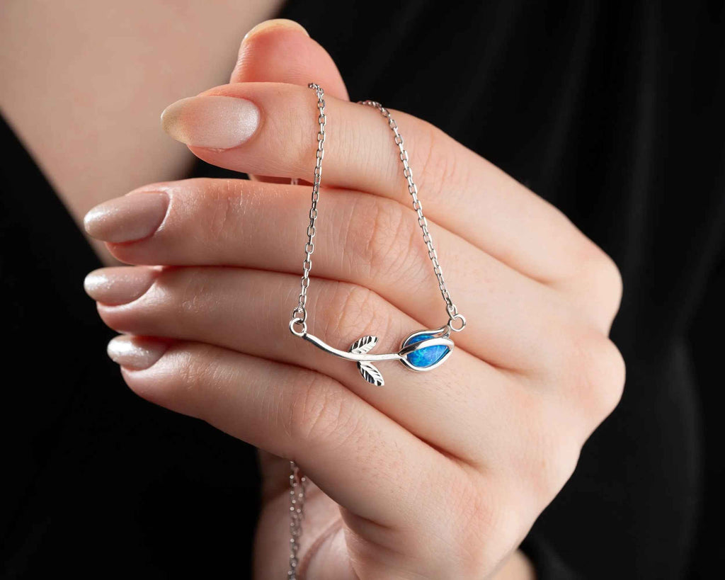 Sterling Silver Tulip Necklace: Blue Australian Opal Pendant