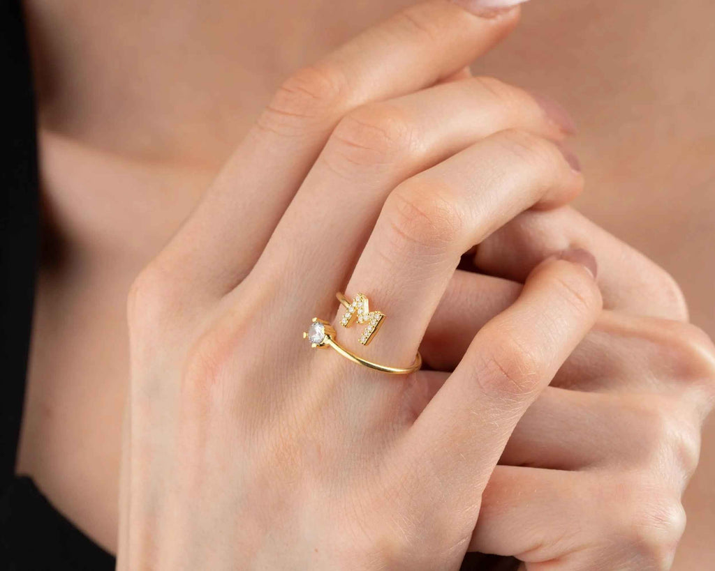 Sterling Silver Initial Ring with Stone: Personalized Letter Ring