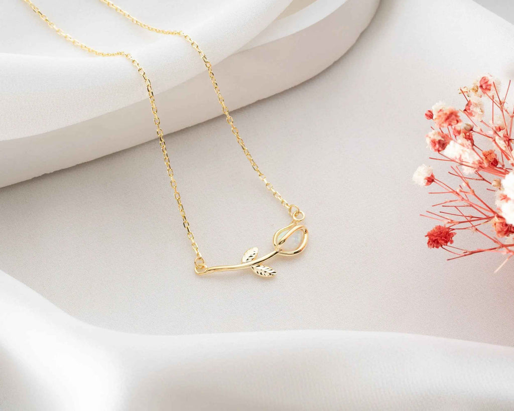 Minimalist Sterling Silver Tulip Necklace: White Opal Pendant