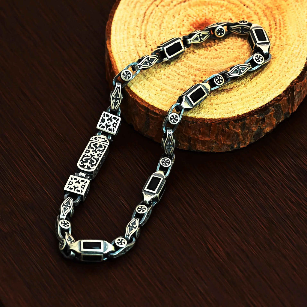 Sterling Silver Men's Bracelet: Black Zircon Vintage Link Design