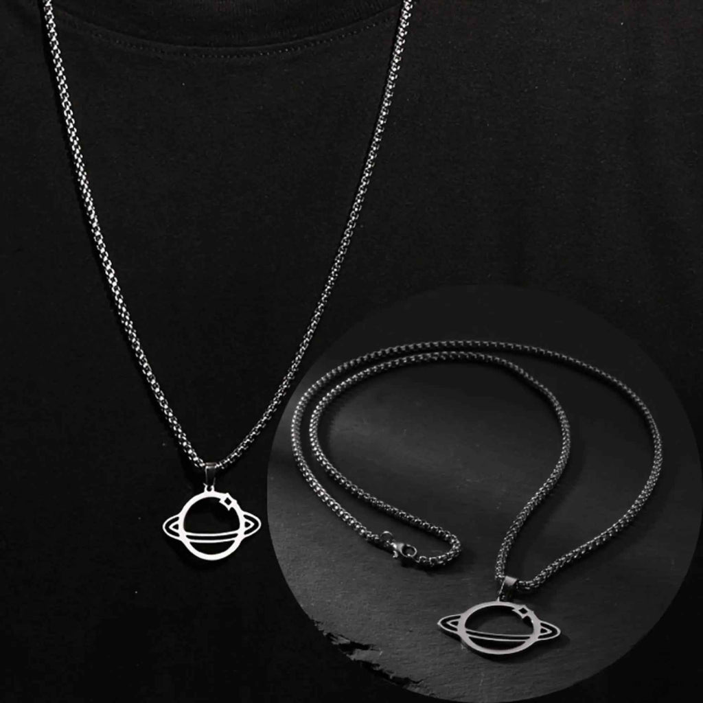 Sterling Silver Saturn Planet Necklace: Galaxy Pendant for Men
