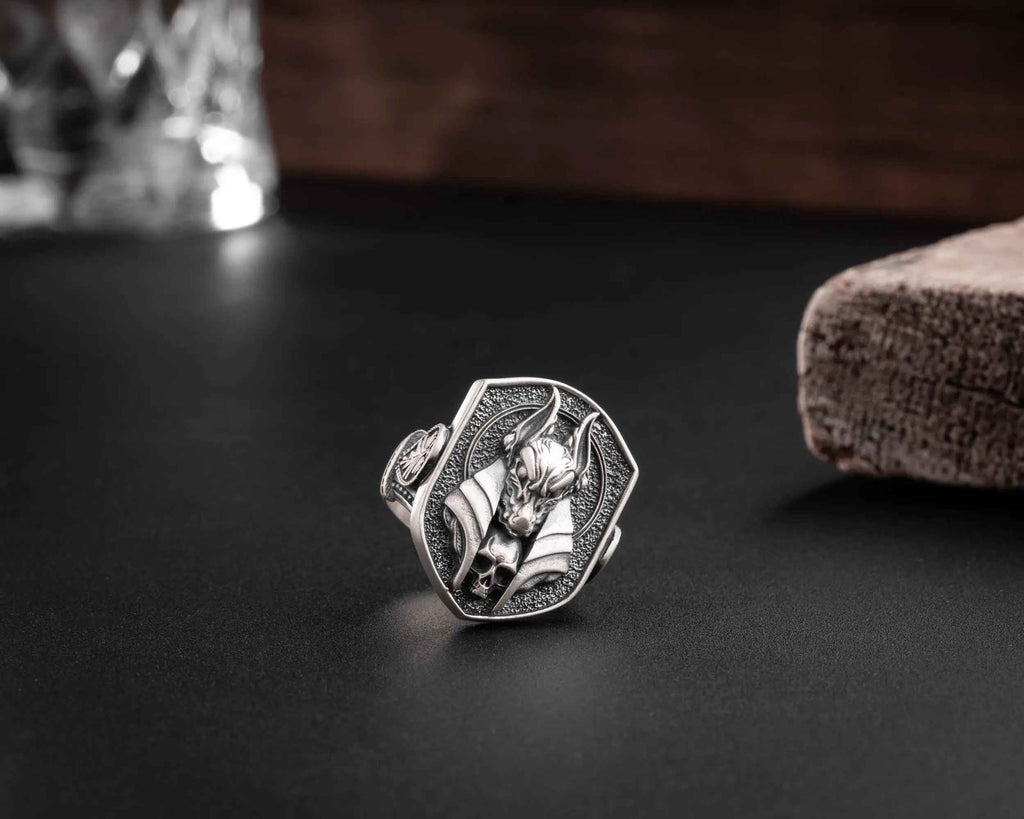 Anubis Skull Sterling Silver Ring - Ancient Egyptian Mens Jewelry