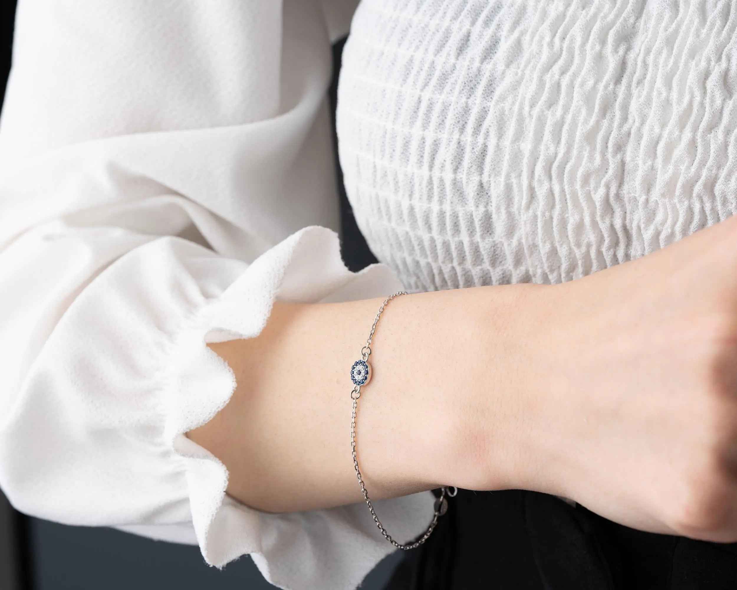 Sterling Silver Blue Evil Eye Bracelet, Spiritual Protection Jewelry