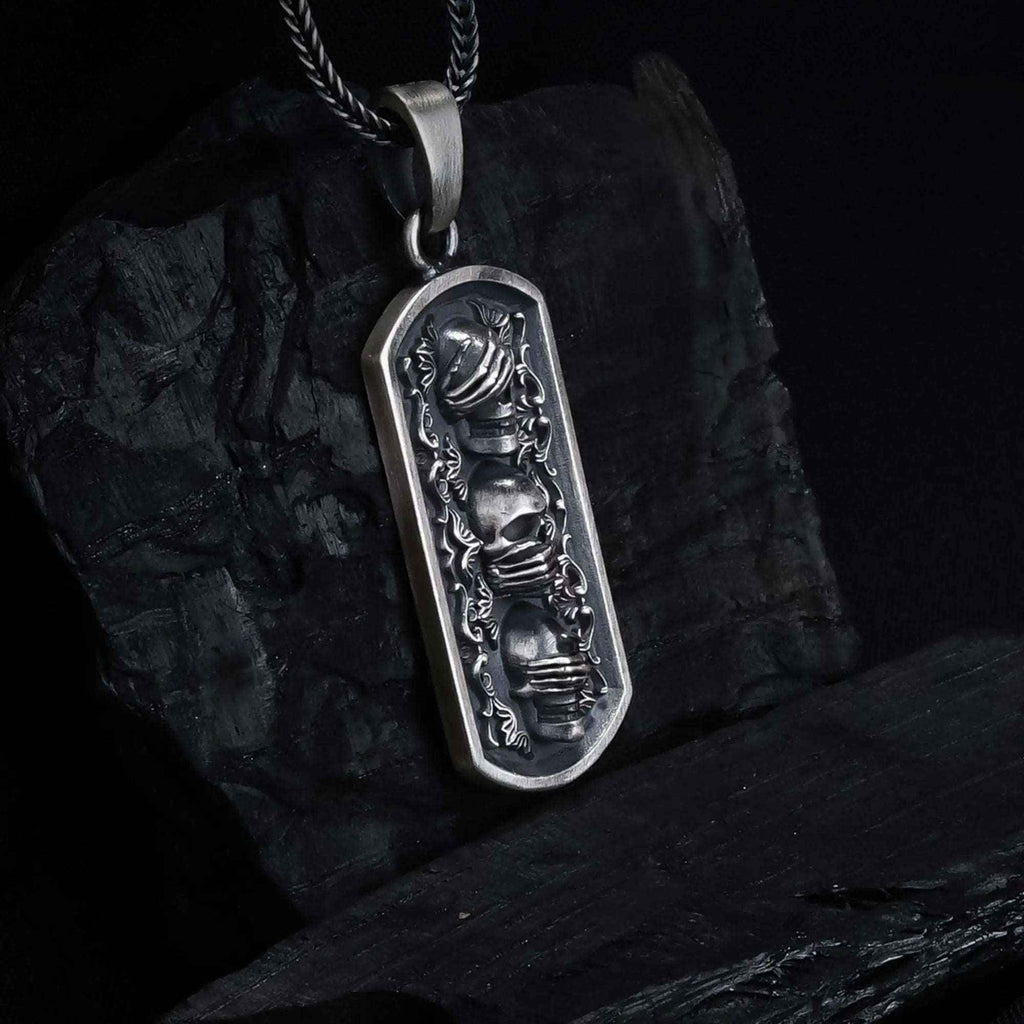 Sterling Silver Three Wise Skulls Necklace: Gothic Pendant Jewelry