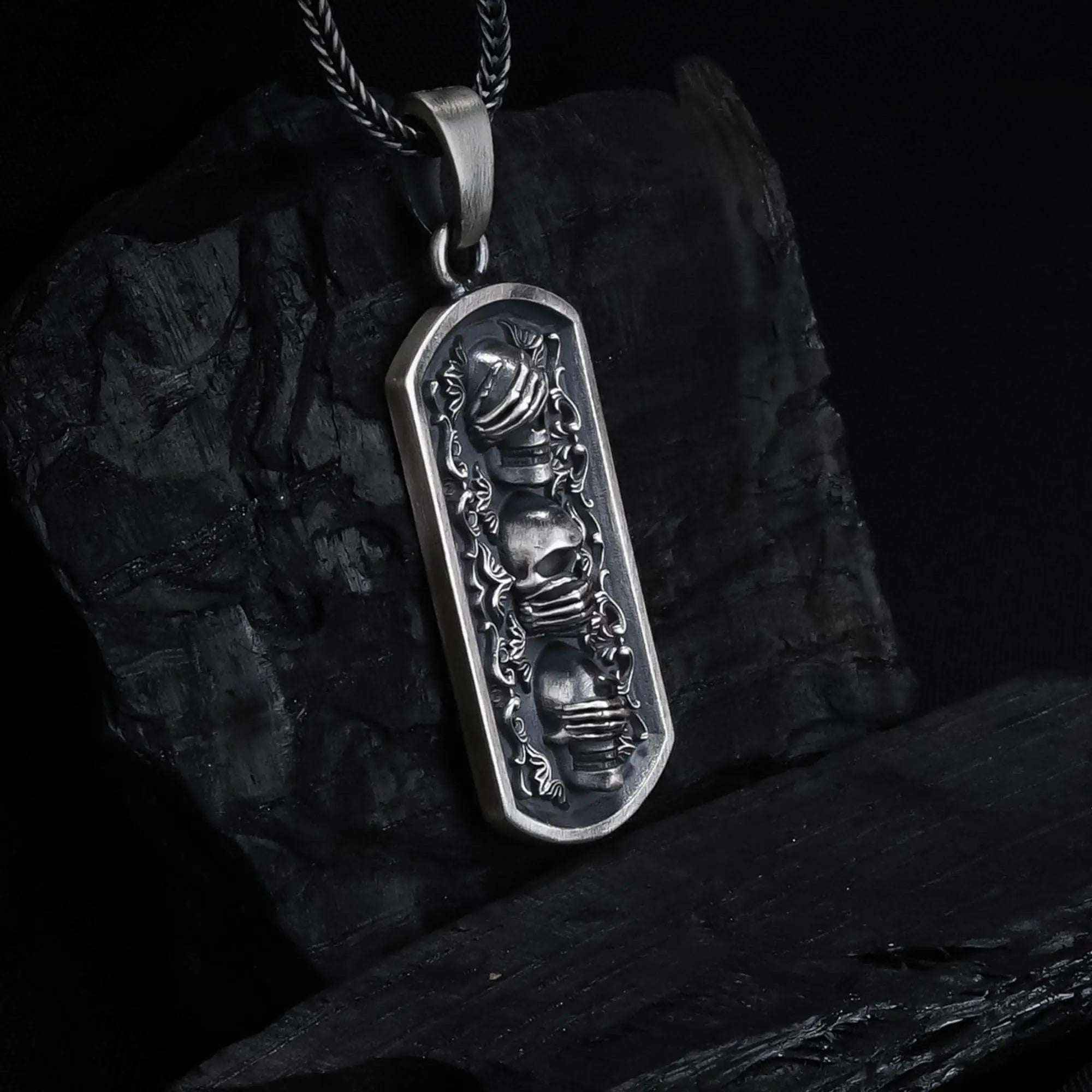 Sterling Silver Three Wise Skulls Necklace: Gothic Pendant Jewelry