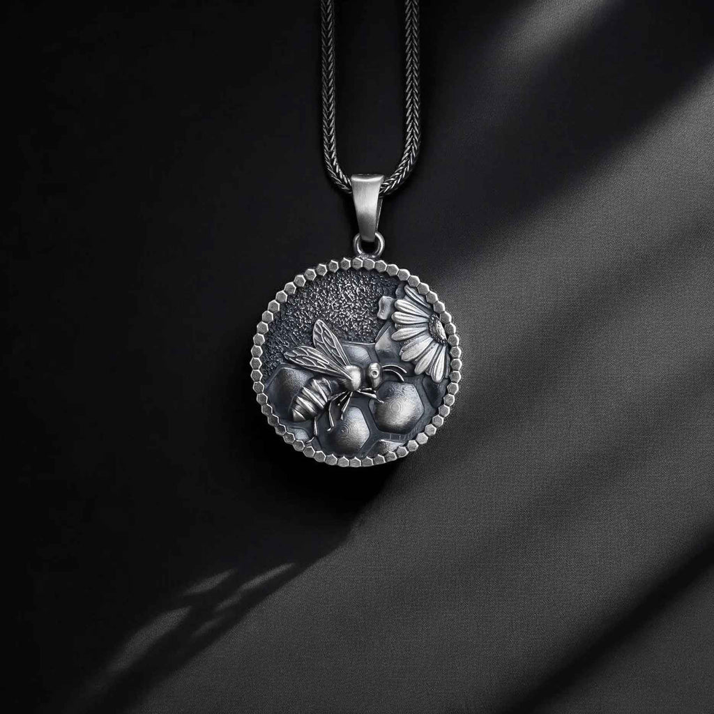 Handmade Sterling Silver Bee Necklace: Honeycomb Pendant Jewelry